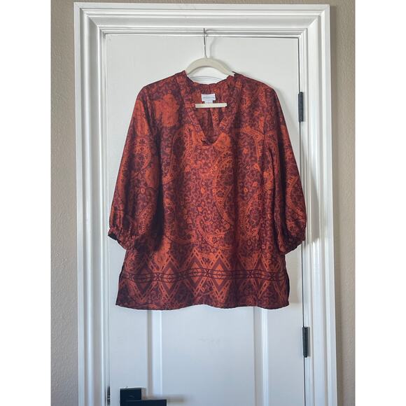 Liz Claiborne Blouse Satin V Neck Ruffle Neck Paisley XL - Picture 2 of 8